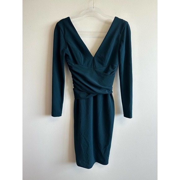 Dress the Population Long Sleeve Stretch Dress V-Neck in Pine Blue Green XXS - Picture 3 of 11